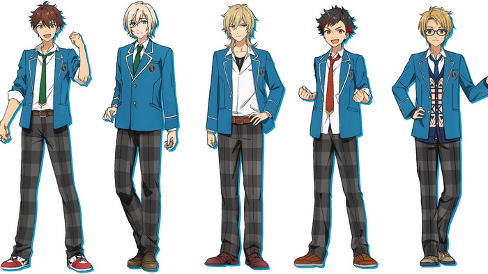 Five male anime characters in school uniforms