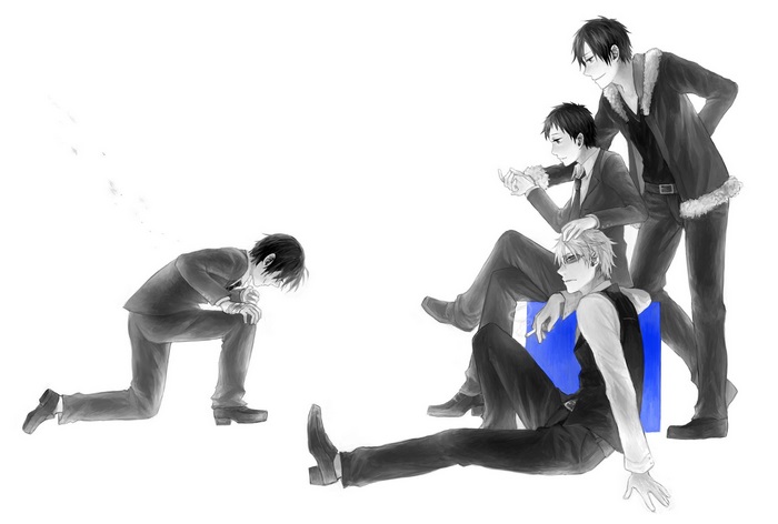 Durarara!! characters: Mikado Ryūgamine, Aoba Kuronuma, Izaya Orihara, Shizuo Heiwajima