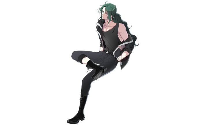 Anime boy with green hair wearing black outfit