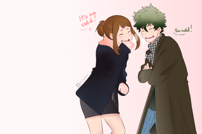 Ochaco Uraraka and Izuku Midoriya from My Hero Academia in winter
