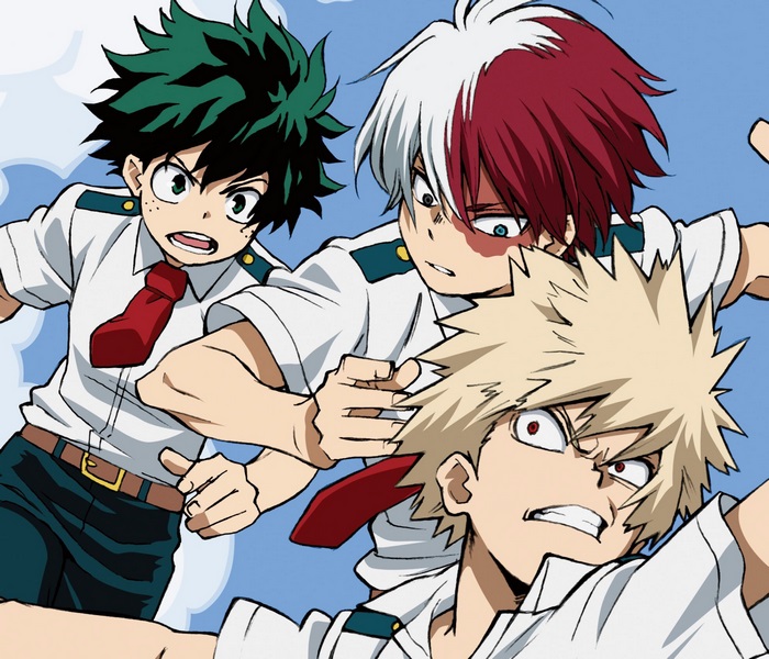Izuku Midoriya, Shoto Todoroki, and Katsuki Bakugou from My Hero Academia