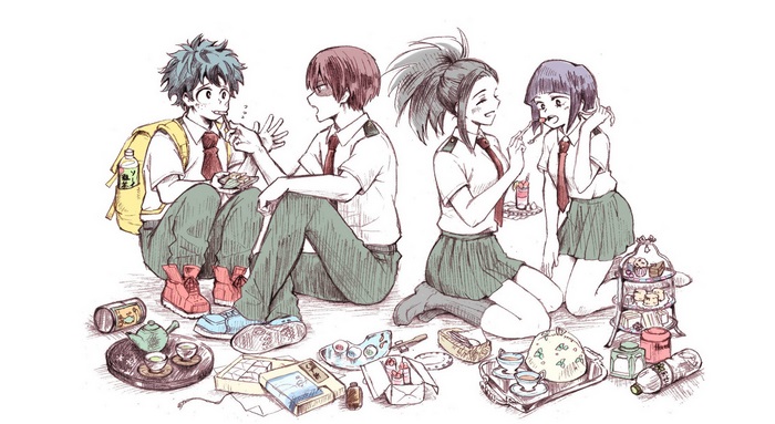 Izuku Midoriya, Shoto Todoroki, Momo Yaoyorozu, Kyōka Jirō enjoying snacks