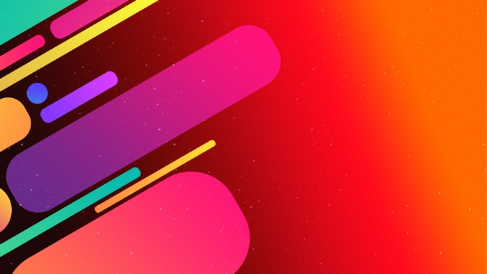 Abstract colorful shapes on a red and orange gradient background