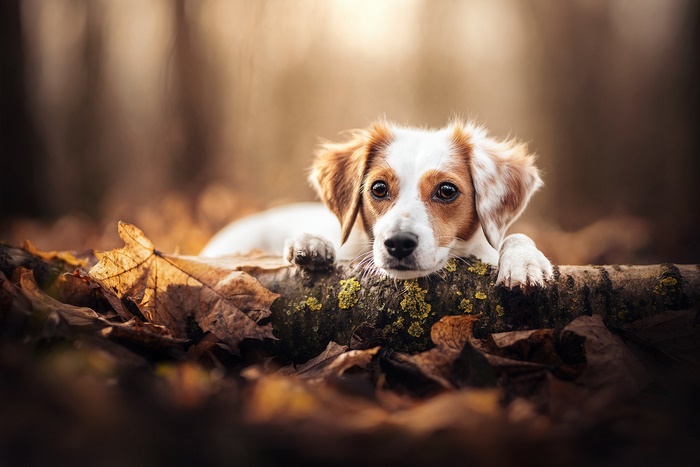 Puppy resting on a log in autumn leaves
