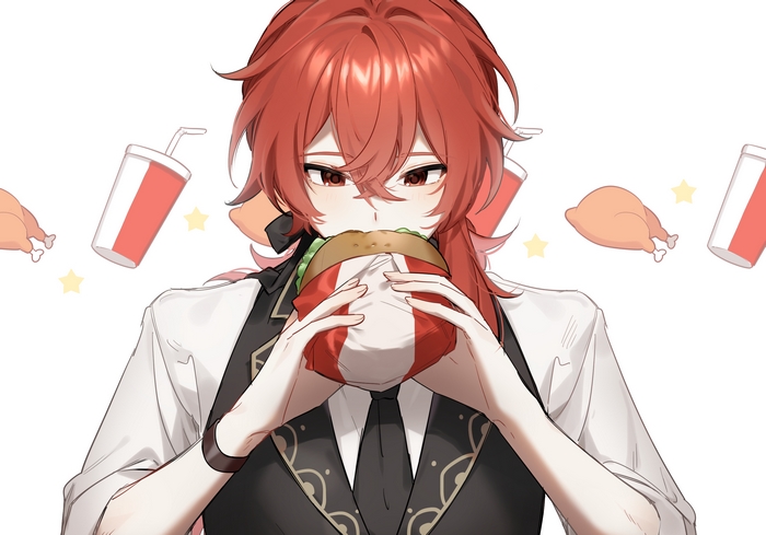 Diluc from Genshin Impact eating a burger