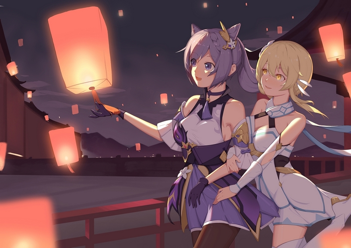 Keqing and Lumine from Genshin Impact releasing lanterns