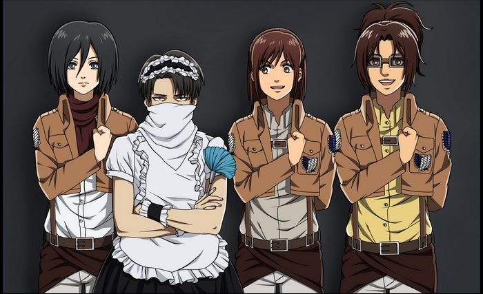Mikasa, Levi, Sasha, and Hange from Attack on Titan