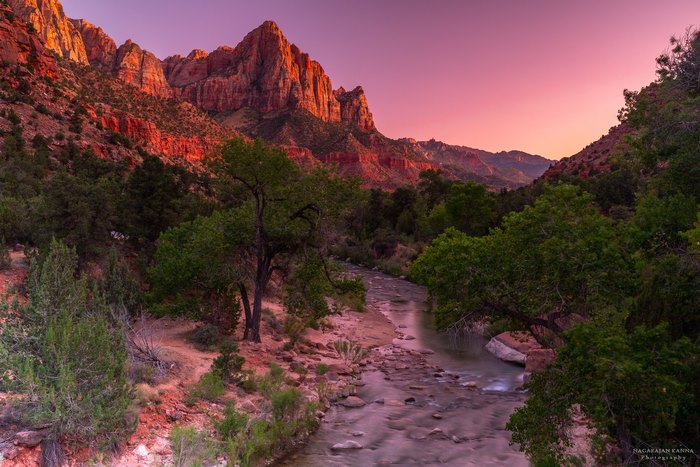 River flowing through a canyon at sunset