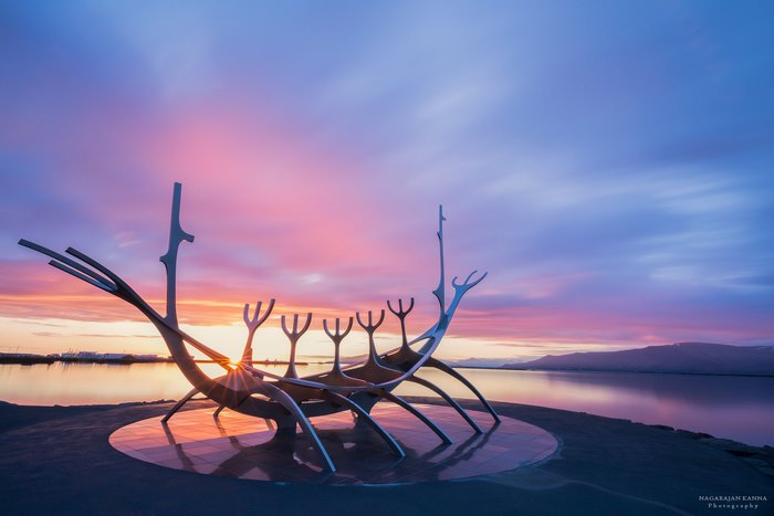 Sun Voyager sculpture at sunrise in Reykjavik, Iceland
