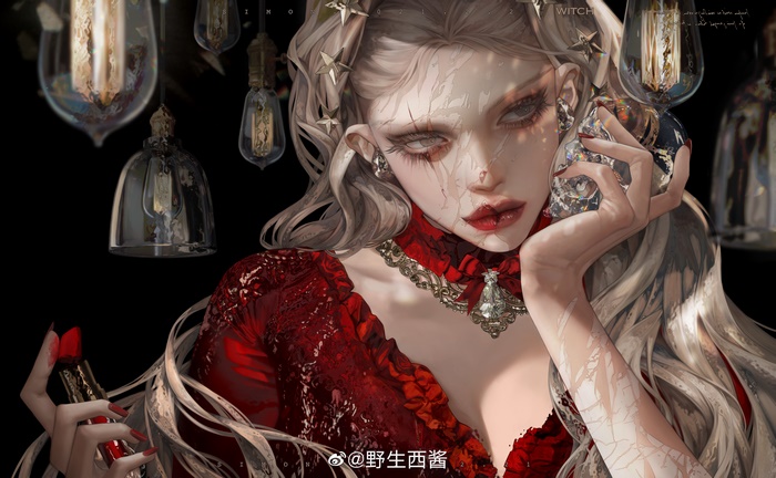 Witch with blonde hair in a red dress