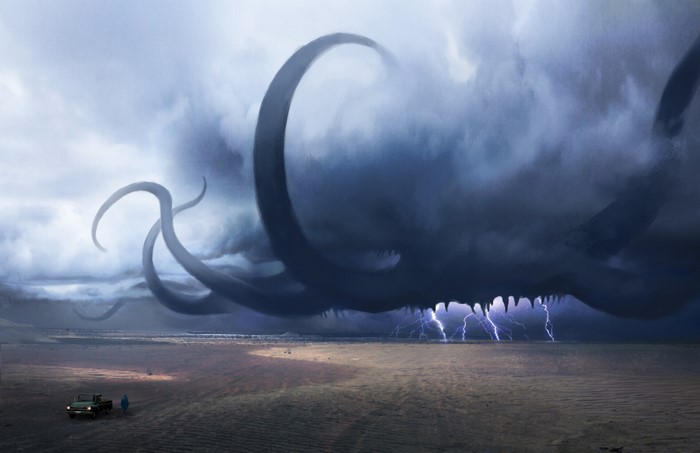 Tentacled storm monster over a beach with lightning