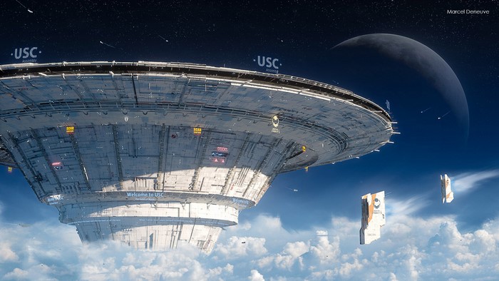 USC Assembly space station with planet in background