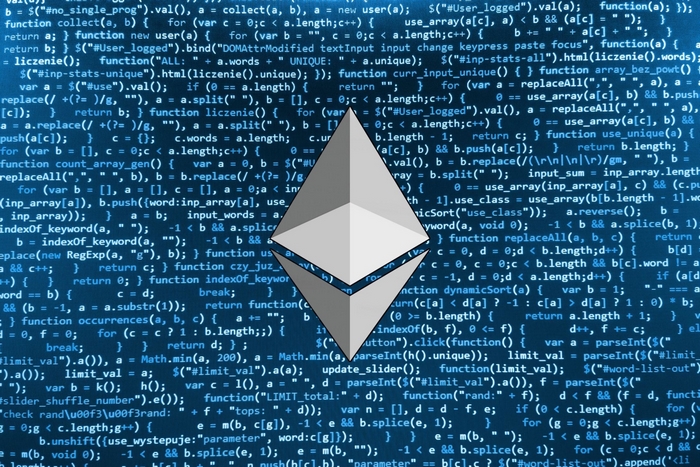 Ethereum logo on a background of code