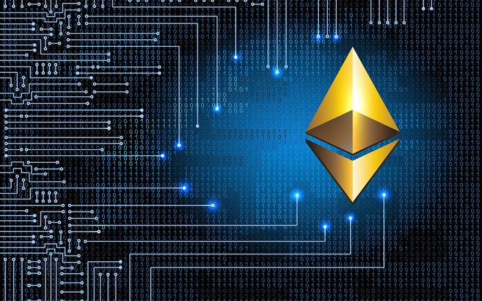 Ethereum cryptocurrency logo on a digital background