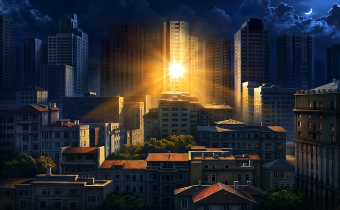 Artistic Cityscape with Sunbeams at Night