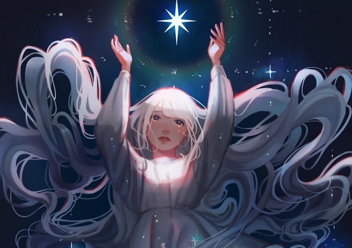 Woman with long white hair reaching for a star