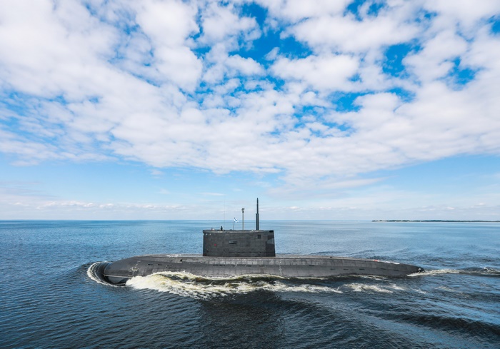 Kilo-class submarine sailing on the ocean