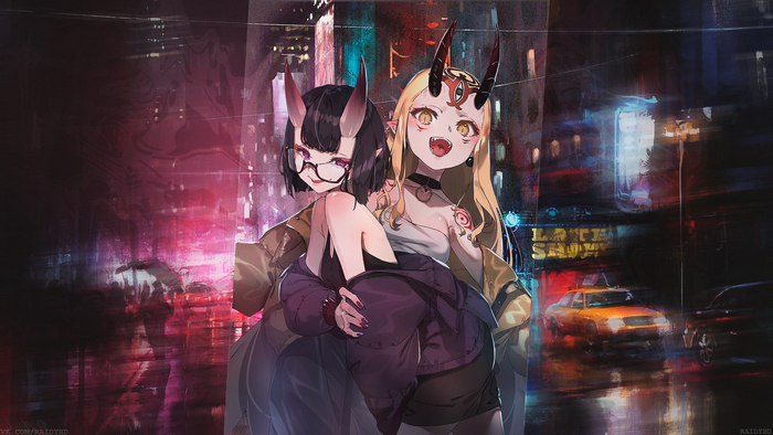 Shuten Dōji and Ibaraki Dōji in a city at night