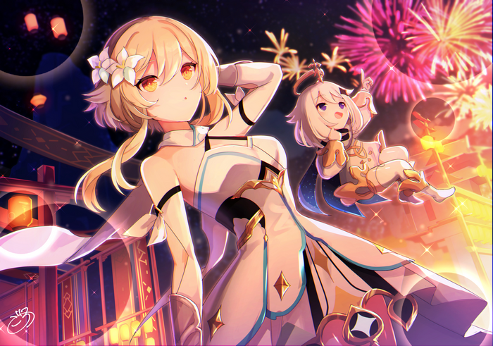 Lumine and Paimon from Genshin Impact at a festival