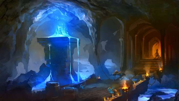Fantasy Cave with Glowing Blue Crystal and Figure