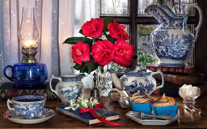 Still life with tea set and flowers