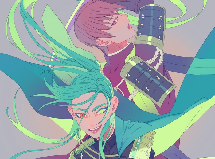 Two male warriors with colorful hair and armor