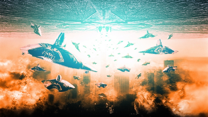 Independence Day alien invasion over city