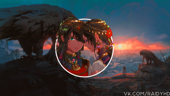 Two anime girls with black hair and ornate jewelry