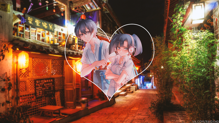 Anime couple with headphones in a street