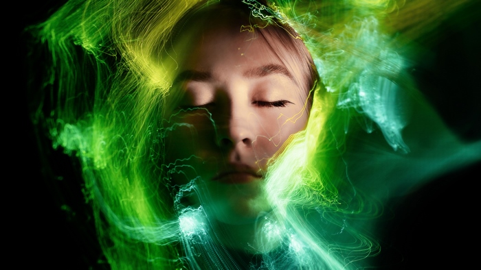 Artistic 4K Face with Green Light Lines
