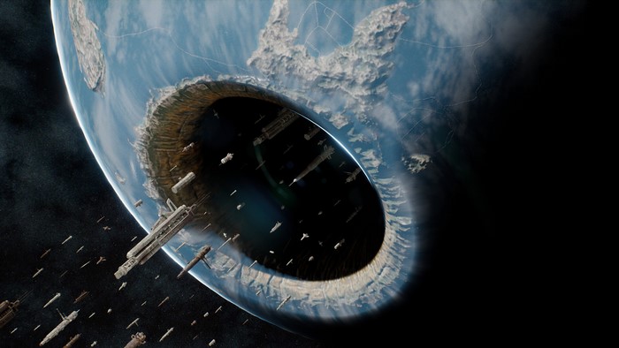 Space battle around a planet with a large hole