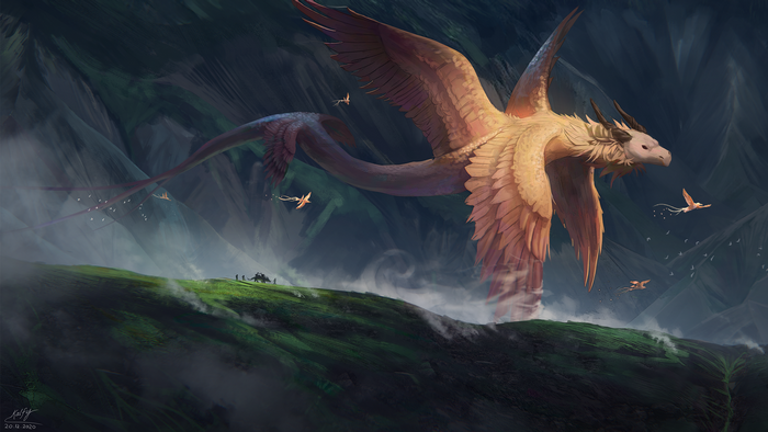 A giant dragon flies over a mountain landscape with people below