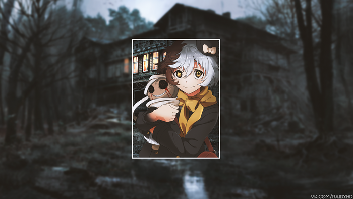 Anime Girl Holding Doll in Front of Haunted House 4K