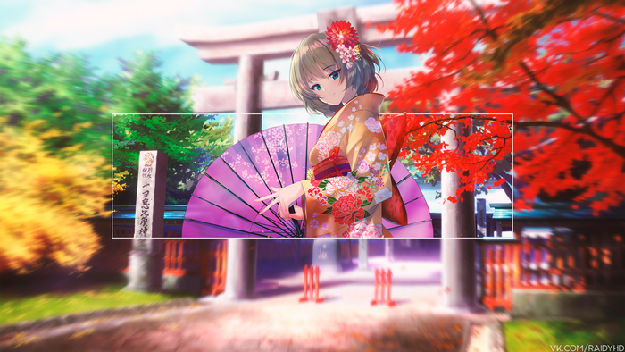 Girl in Kimono with Umbrella at Temple 4K