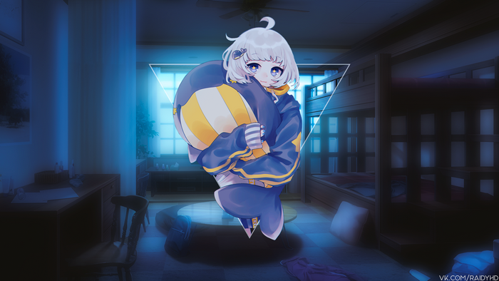 Girl with White Hair Holding a Large Plush Toy in a Bedroom 4K