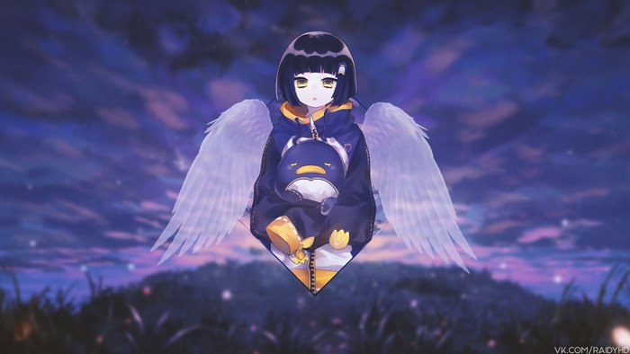 Girl with Angel Wings holding a Penguin Plush