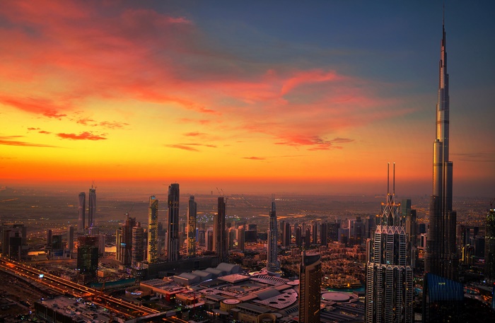Dubai skyline at sunset with Burj Khalifa