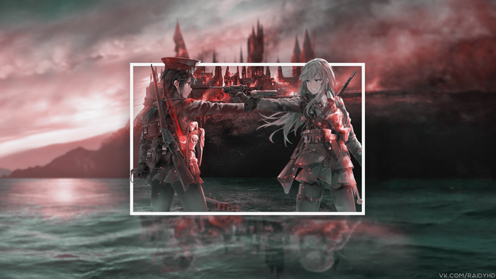 Two anime soldiers aiming guns in front of a castle