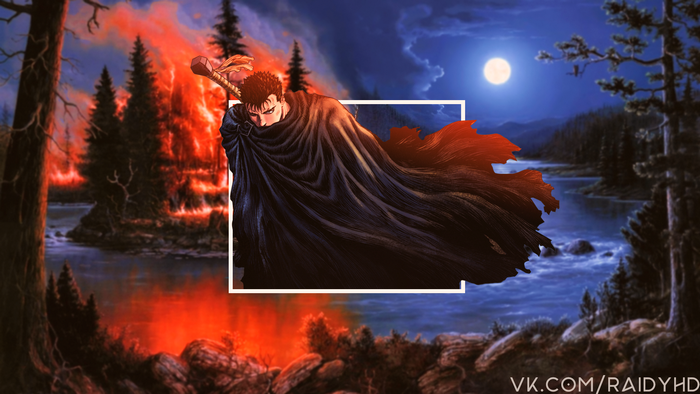 Guts from Berserk with a sword in a burning forest