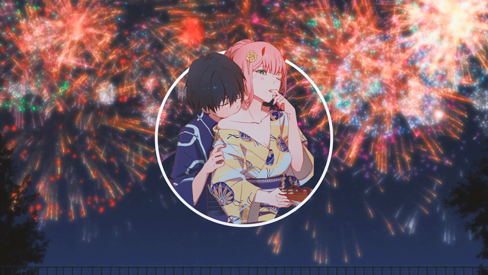Zero Two and Hiro from Darling in the FranXX with fireworks