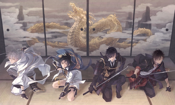 Four samurai with swords in front of a dragon mural