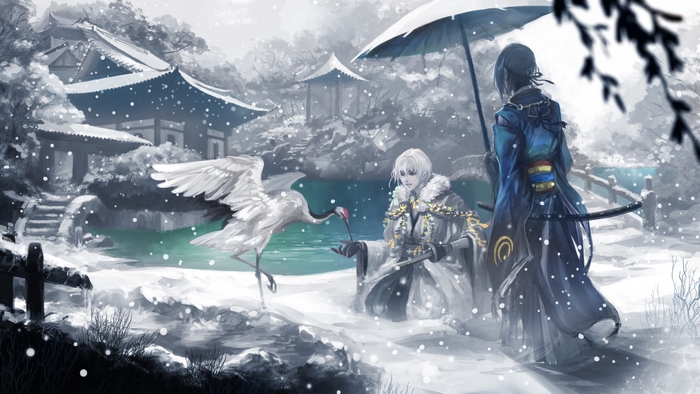 Mikazuki Munechika and Tsurumaru Kuninaga from Touken Ranbu in winter