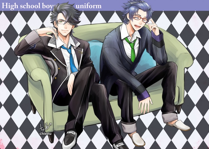 Two anime boys in school uniforms sitting on a couch