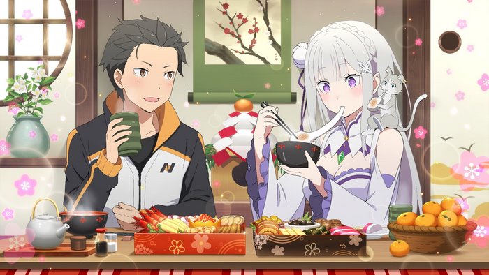 Emilia and Subaru from Re:ZERO celebrating New Year