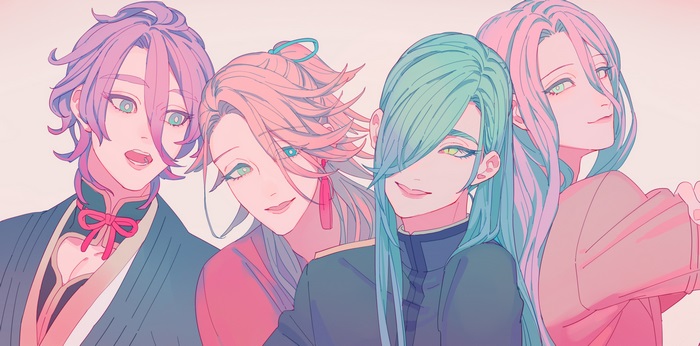 Touken Ranbu characters Souza Samonji, Nikkari Aoe, Kasen Kanesada, Hachisuka Kotetsu