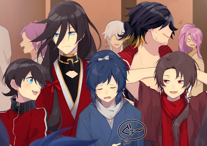 Touken Ranbu characters in a crowded indoor scene