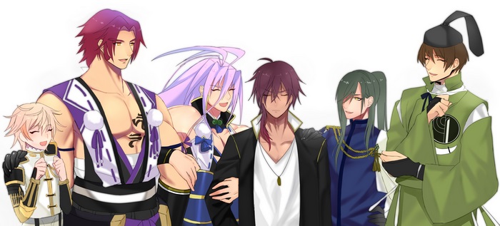 Touken Ranbu characters: Monoyoshi Sadamune, Nikkari Aoe, Ookurikara, Sengo Muramasa