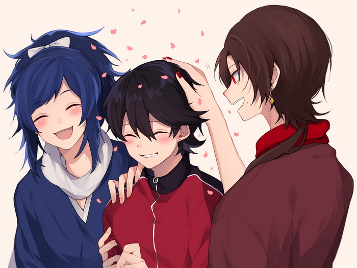 Three anime boys in a happy embrace