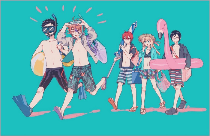 Five young men in swimwear at the beach with inflatable flamingo