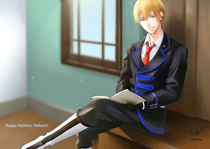 Anime boy in uniform reading a book